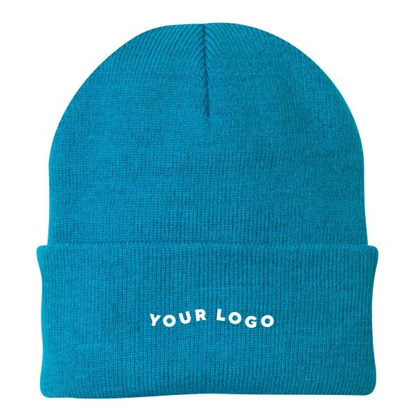 Teal cuffed knit cap with YOUR LOGO embroidered on the cuff