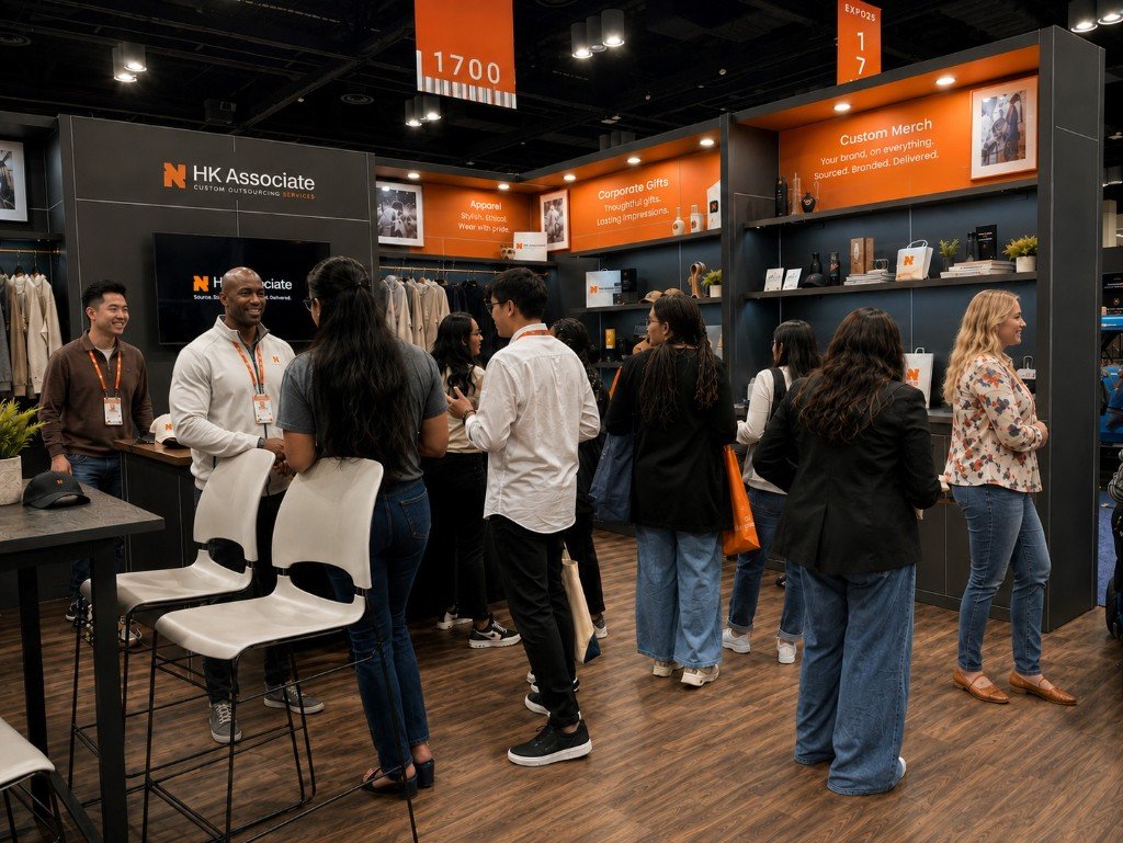 HK Associate trade-show booth with apparel, corporate gifts, and custom merchandise on display