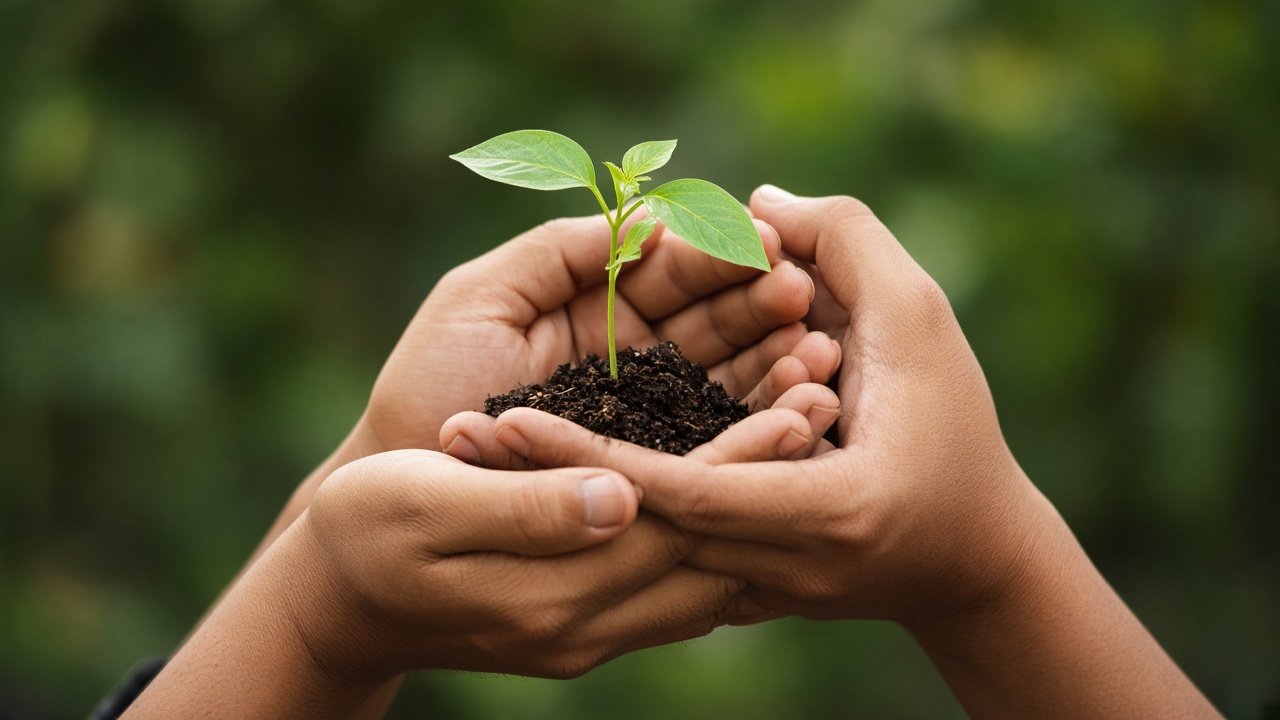 Hands holding a young plant against green foliage